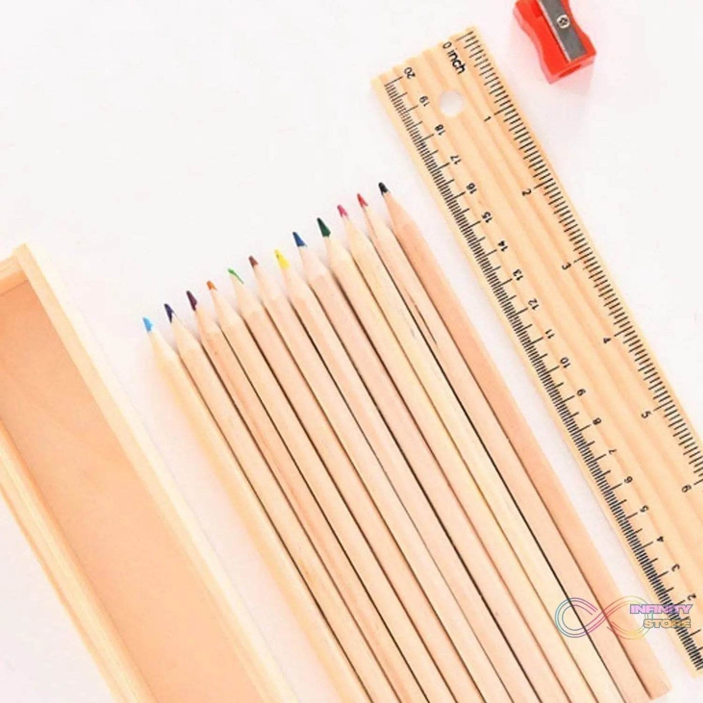 Colorful Wooden Pencil Set with Pencil box, Ruler, Sharpener For for Kids, Artist, Architect (12 Pcs Set) - infinityexculsivestore.com
