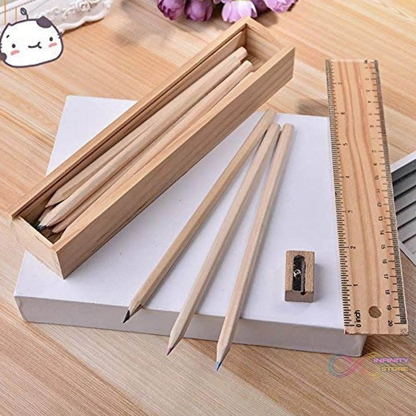 Colorful Wooden Pencil Set with Pencil box, Ruler, Sharpener For for Kids, Artist, Architect (12 Pcs Set) - infinityexculsivestore.com