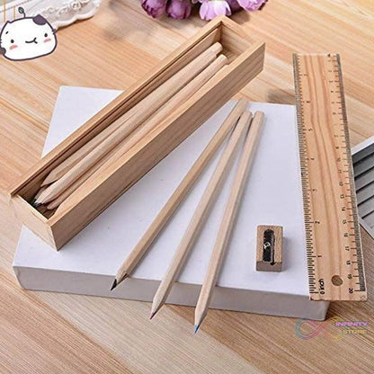 Colorful Wooden Pencil Set with Pencil box, Ruler, Sharpener For for Kids, Artist, Architect (12 Pcs Set) - infinityexculsivestore.com