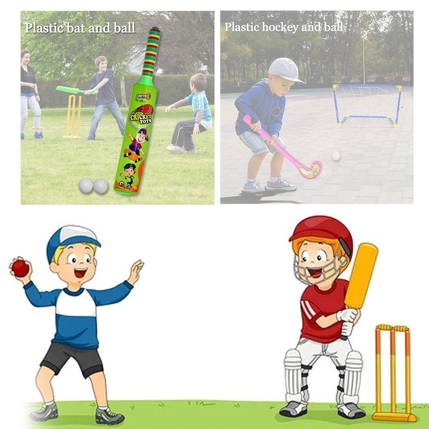 Combo of Light Weight Plastic Bat, Ball & Hockey for Kids, Boys, Indoor, Outdoor Play - infinityexculsivestore.com