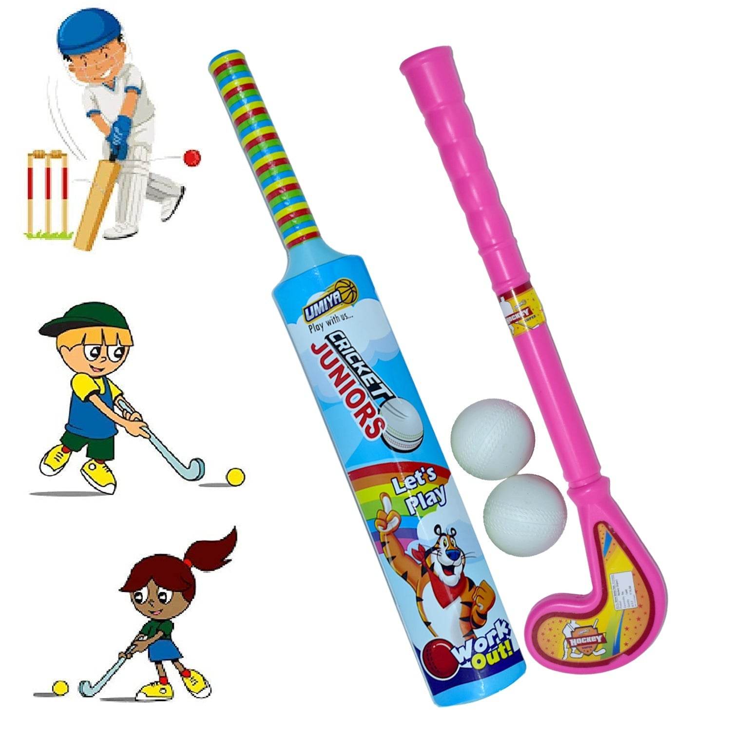 Combo of Light Weight Plastic Bat, Ball & Hockey for Kids - infinityexculsivestore.com