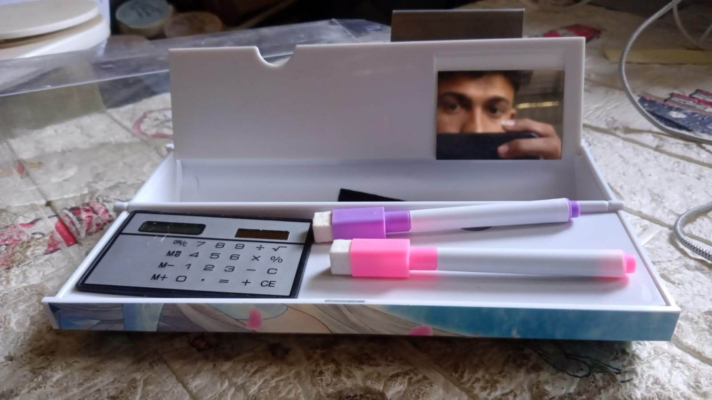 12 in 1 Compass Box, Geometry Box 2 Compartment, Pencil Box with 1 Calculator, 1 Mirror, Pen Refill 2 Black, 2 Blue, 2 Red, 2 Marker for Boys Art Plastic Pencil Box for Girls and Boys - infinityexculsivestore.com