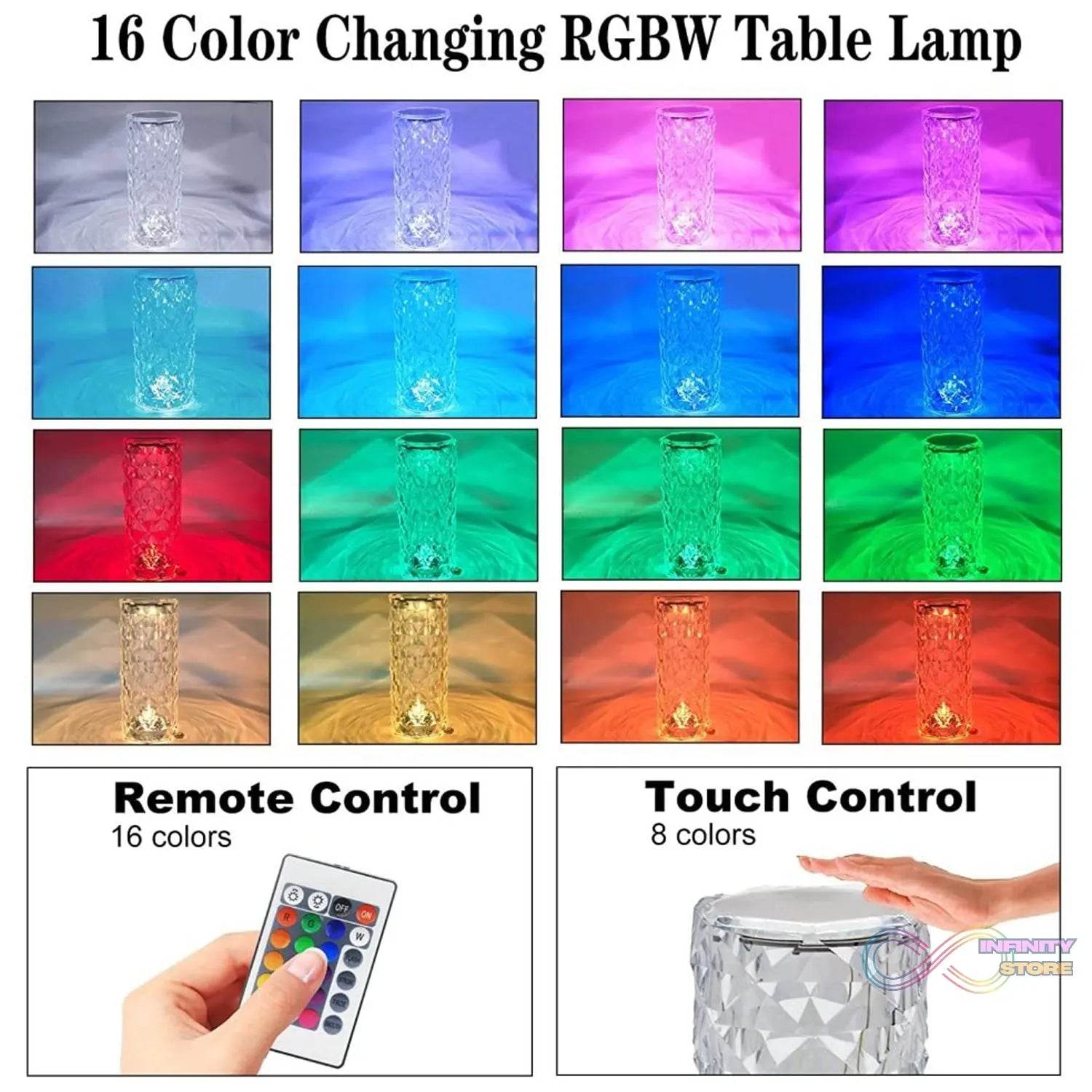 Crystal Touch Night Light (16 Colors) - Rose Diamond Table Lamp with Remote Control, USB Table Lamp, Romantic Date Lighting Decor for Festival, Bedroom, Dining Room - infinityexculsivestore.com