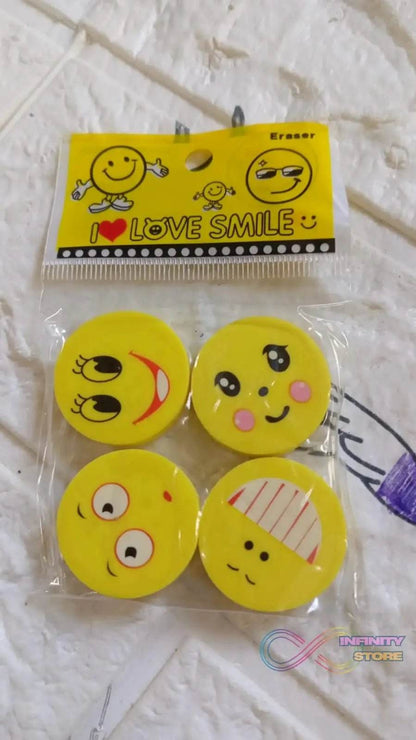 Cute Smile Emoji Erasers, Cute Smile Face Rubber Eraser Dentist Dental Clinic School Kid for School Going Kids/Birthday Party Return Gift Set (4pc Set) - infinityexculsivestore.com