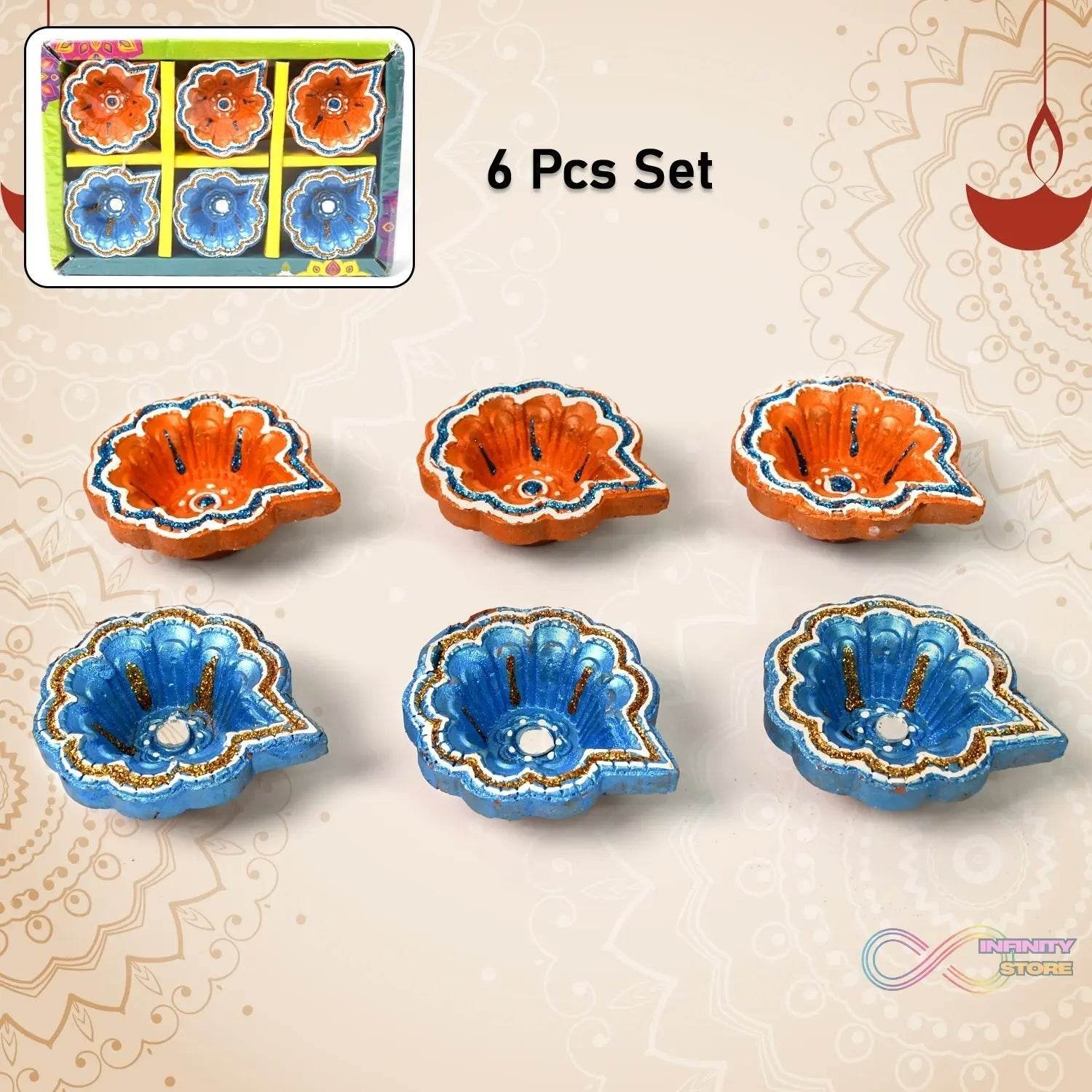 Decorative Hand Painted Clay Puja Diya for Diwali Home Indoor Outdoor Handmade Diya (6 Pcs Set/ Mix Design) - infinityexculsivestore.com