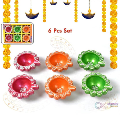 Decorative Hand Painted Clay Puja Diya for Diwali Home Indoor Outdoor Handmade Diya (6 Pcs Set/ Mix Design) - infinityexculsivestore.com