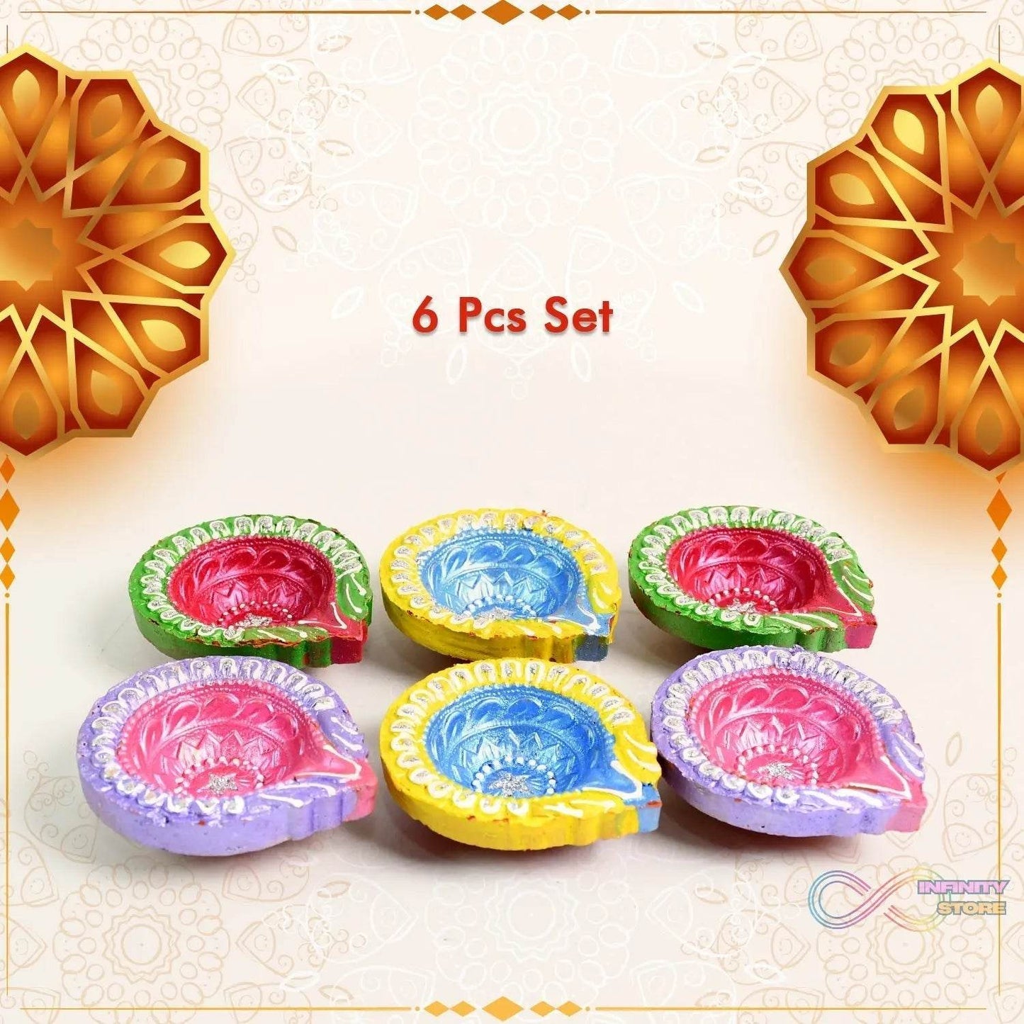 Decorative Hand Painted Clay Puja Diya for Diwali Home Indoor Outdoor Handmade Diya (6 Pcs Set/ Mix Design) - infinityexculsivestore.com