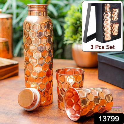 Diamond Cut Copper Water Bottle 2 Glasses with Gift Box (3 Pcs Set) - infinityexculsivestore.com