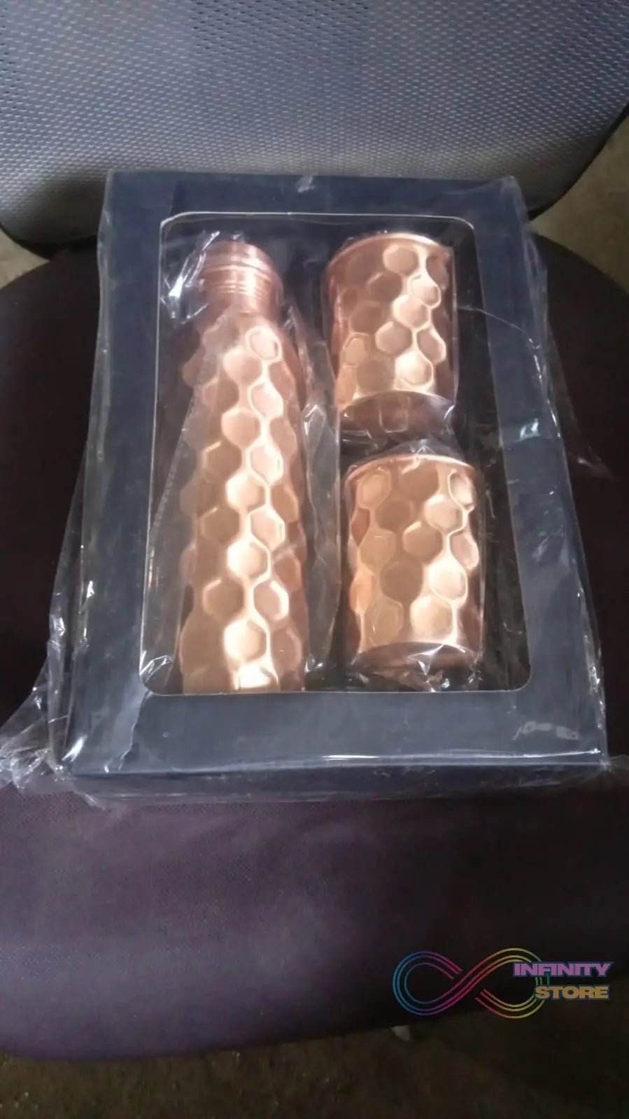 Diamond Cut Copper Water Bottle 2 Glasses with Gift Box (3 Pcs Set) - infinityexculsivestore.com