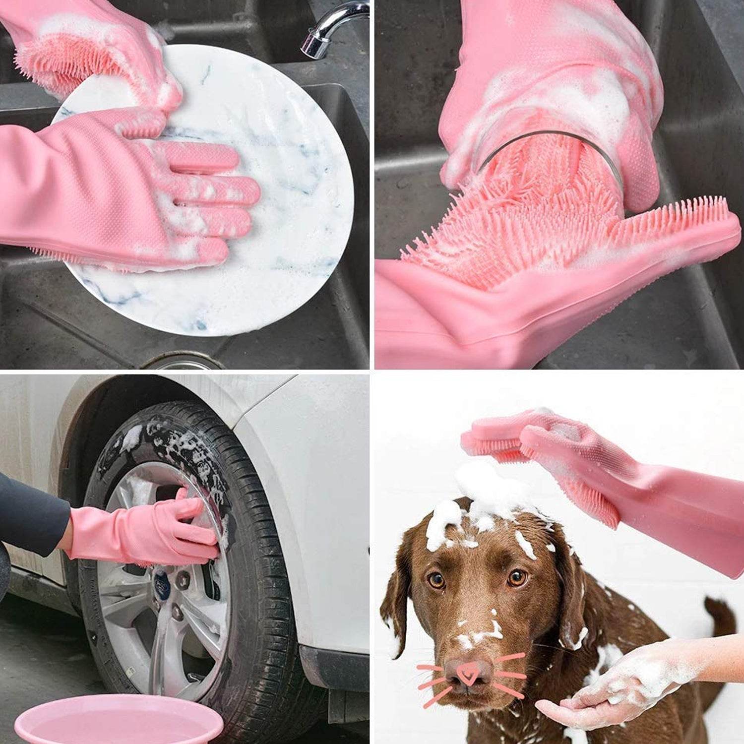 Dishwashing Gloves with Scrubber| Silicone Cleaning Reusable Scrub Gloves for Wash Dish Kitchen| Bathroom| Pet Grooming Wet and Dry Glove (1 Pair, 250 Gm) - infinityexculsivestore.com