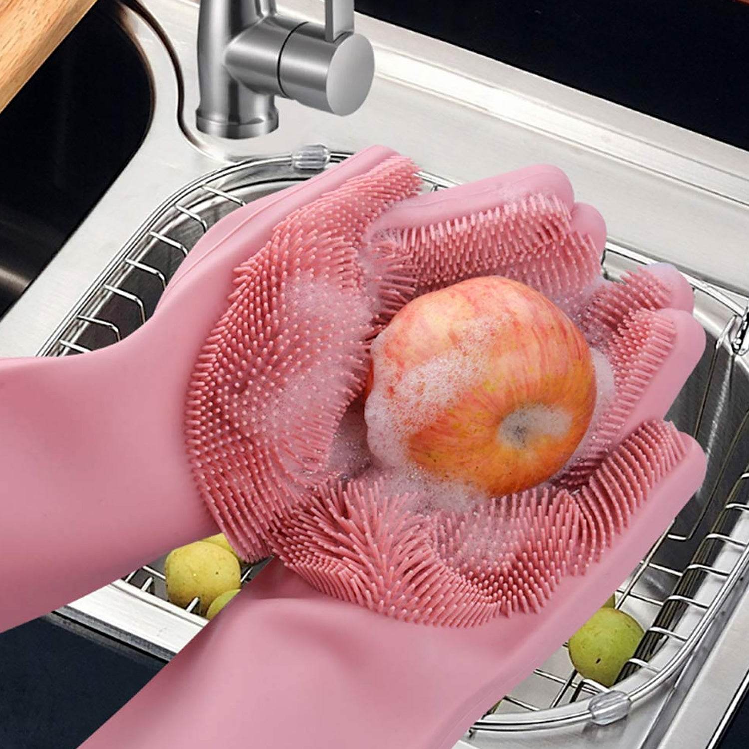 Dishwashing Gloves with Scrubber| Silicone Cleaning Reusable Scrub Gloves for Wash Dish Kitchen| Bathroom| Pet Grooming Wet and Dry Glove (1 Pair, 250 Gm) - infinityexculsivestore.com