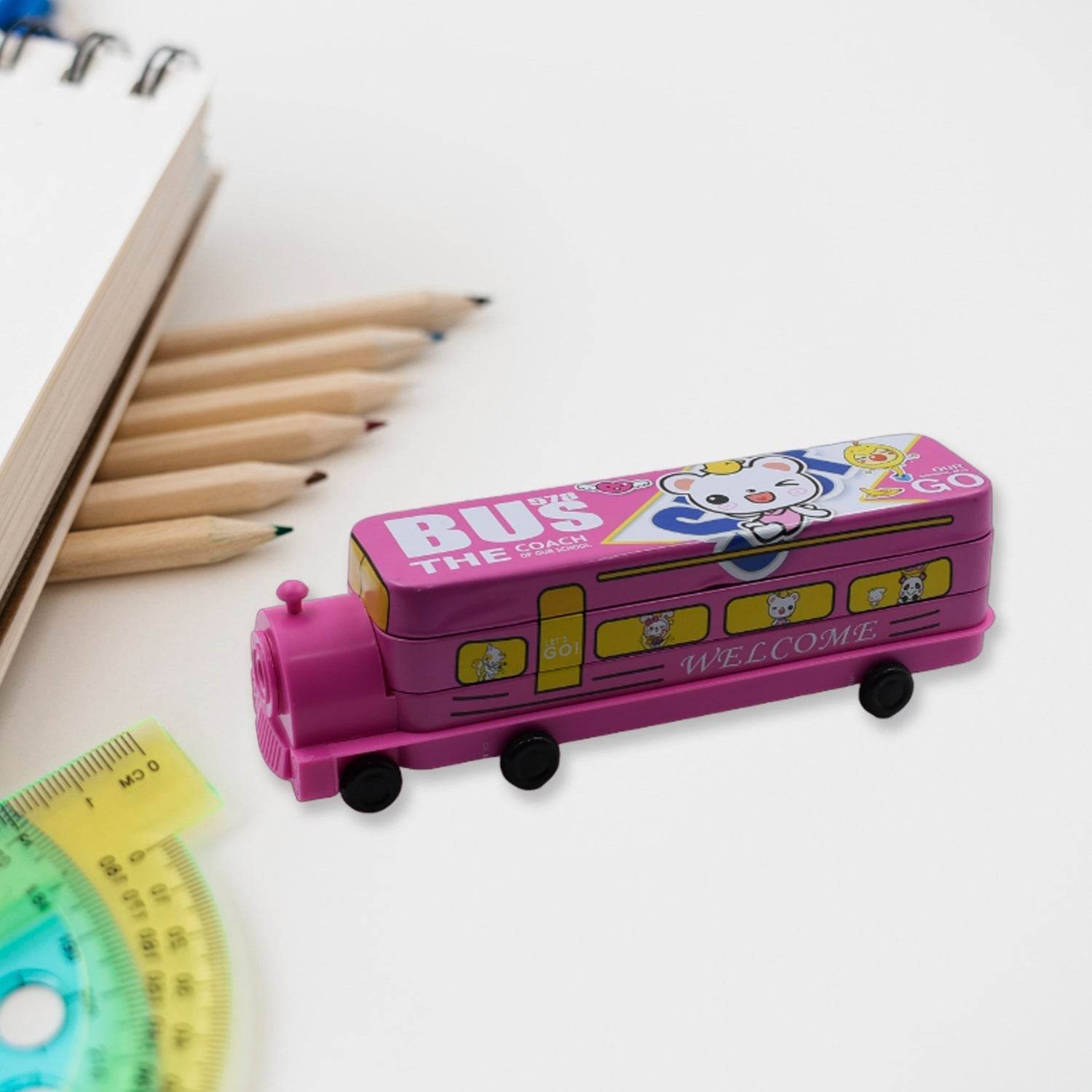Double Decker Magic Bus Compass 2 Layer Metal Bus Compass Case with Movable Wheels & Sharpener Bus Shape with Tiers Metal Box for Kids Birthday Party - infinityexculsivestore.com