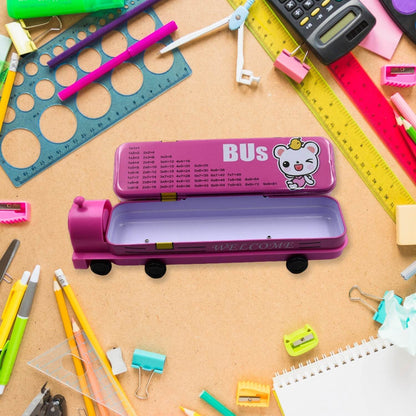 Double Decker Magic Bus Compass 2 Layer Metal Bus Compass Case with Movable Wheels & Sharpener Bus Shape with Tiers Metal Box for Kids Birthday Party - infinityexculsivestore.com