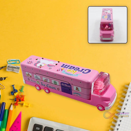 Double Decker Magic Truck Compass Multi Level Metal Truck Compass Pencil Case with Movable Wheels & Sharpener (Mix Design) - infinityexculsivestore.com