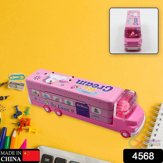 Double Decker Magic Truck Compass Multi Level Metal Truck Compass Pencil Case with Movable Wheels & Sharpener (Mix Design) - infinityexculsivestore.com