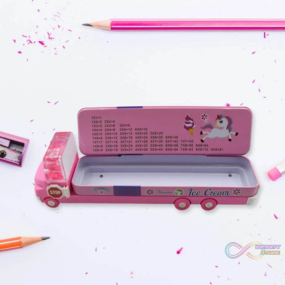 Double Decker Magic Truck Compass Multi Level Metal Truck Compass Pencil Case with Movable Wheels & Sharpener (Mix Design) - infinityexculsivestore.com