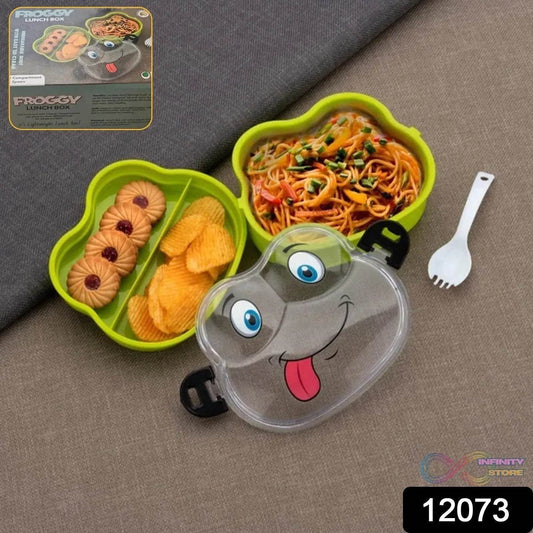 Double Layer Froggy Shape Lunch Box with Spoon (1 Pc / Mix Color) - infinityexculsivestore.com