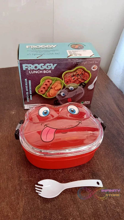 Double Layer Froggy Shape Lunch Box with Spoon (1 Pc / Mix Color) - infinityexculsivestore.com