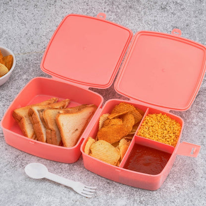 Double-Layer Square Lunch Box with Spoon , 4 Compartment Tiffin & Push Lock , Plastic Tiffin Box for Travelling, School Kids & Office Exclusive, Home - infinityexculsivestore.com