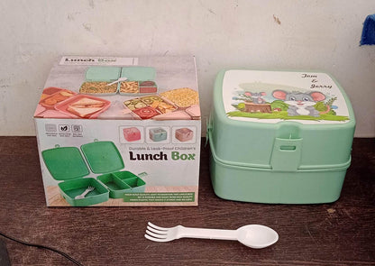 Double-Layer Square Lunch Box with Spoon , 4 Compartment Tiffin & Push Lock , Plastic Tiffin Box for Travelling, School Kids & Office Exclusive, Home - infinityexculsivestore.com