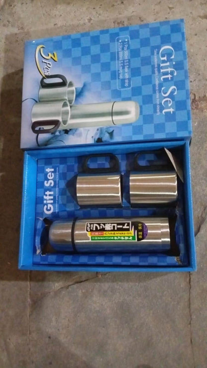 Double Wall Stainless Steel Thermos Flask 500ml Vacuum Insulated Gift Set with Two Cups Hot & Cold, Stainless Steel, Diwali Gifts for Employees, Corporate Gift Item (3 Pcs Set) - infinityexculsivestore.com
