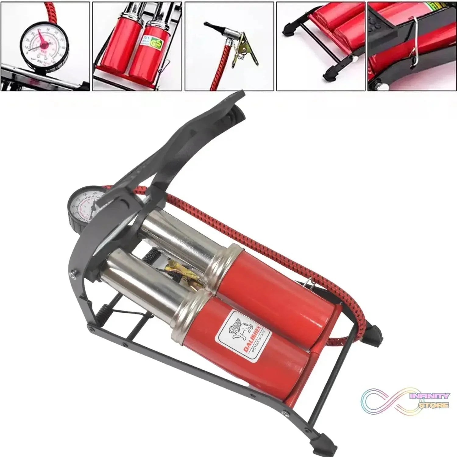Dual-Cylinder Foot Pump, Portable Floor Bike Pump, 100PSI Air Pump - infinityexculsivestore.com