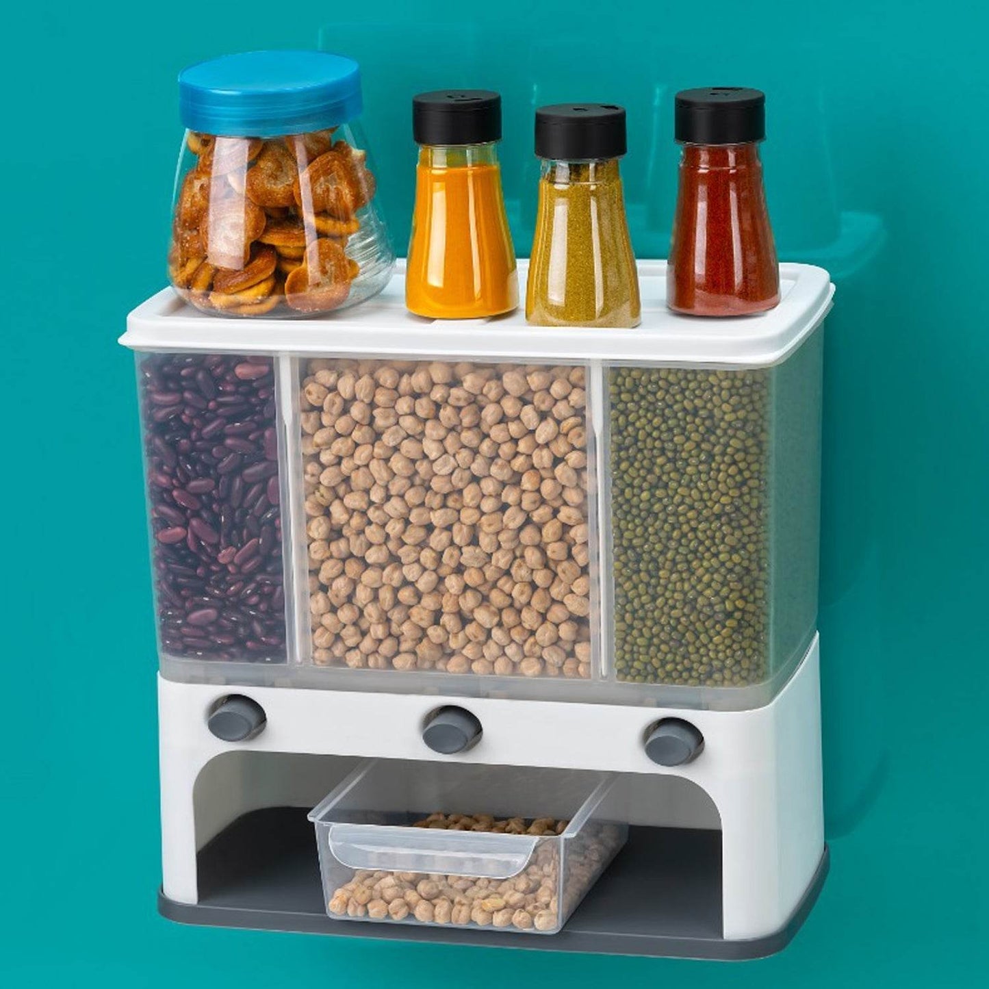 Easy Flow Cereal Dispenser for Kitchen 3 in 1 Push Button Wall Mount Container - infinityexculsivestore.com