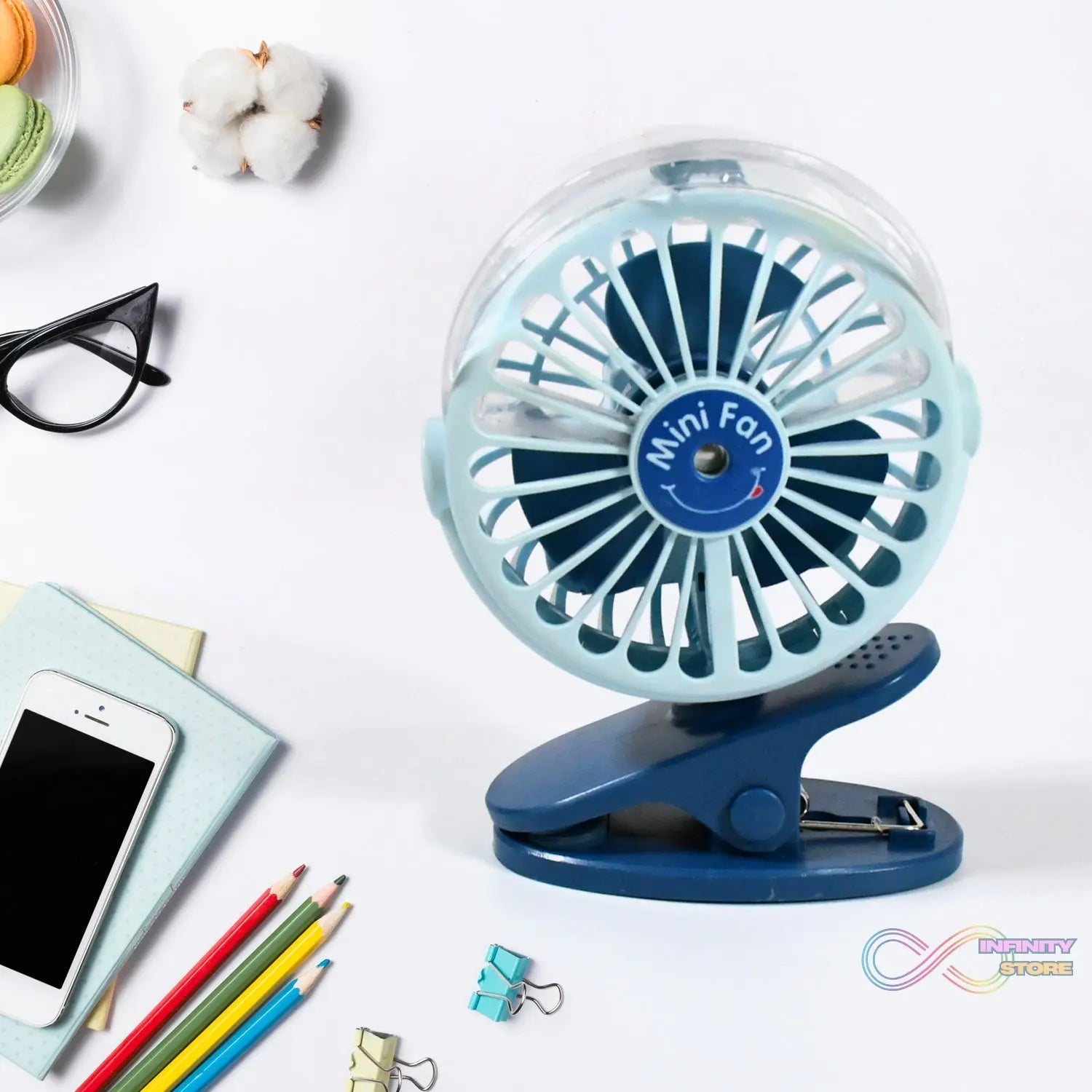 Portable Clip - on Fan, Battery Operated, With Light & Spray, Small Yet Powerful USB Table Fan, 3 - Speed Quiet Rechargeable Mini Desk Fan, 360° Rotation, Personal Cooling Fan for Home, Office, Camping - infinityexculsivestore.com