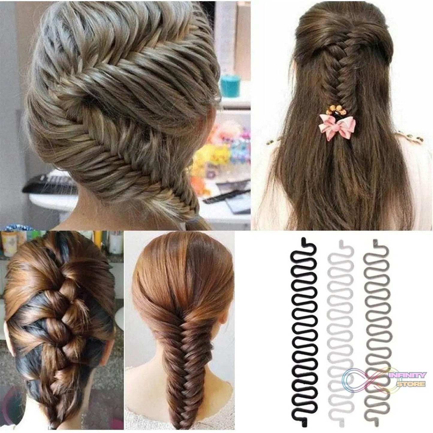 Fishbone Bun Maker widely used by women’s for making their hair looks like a fish tail and all and it used in many kinds of places like household, parlours etc. - infinityexculsivestore.com