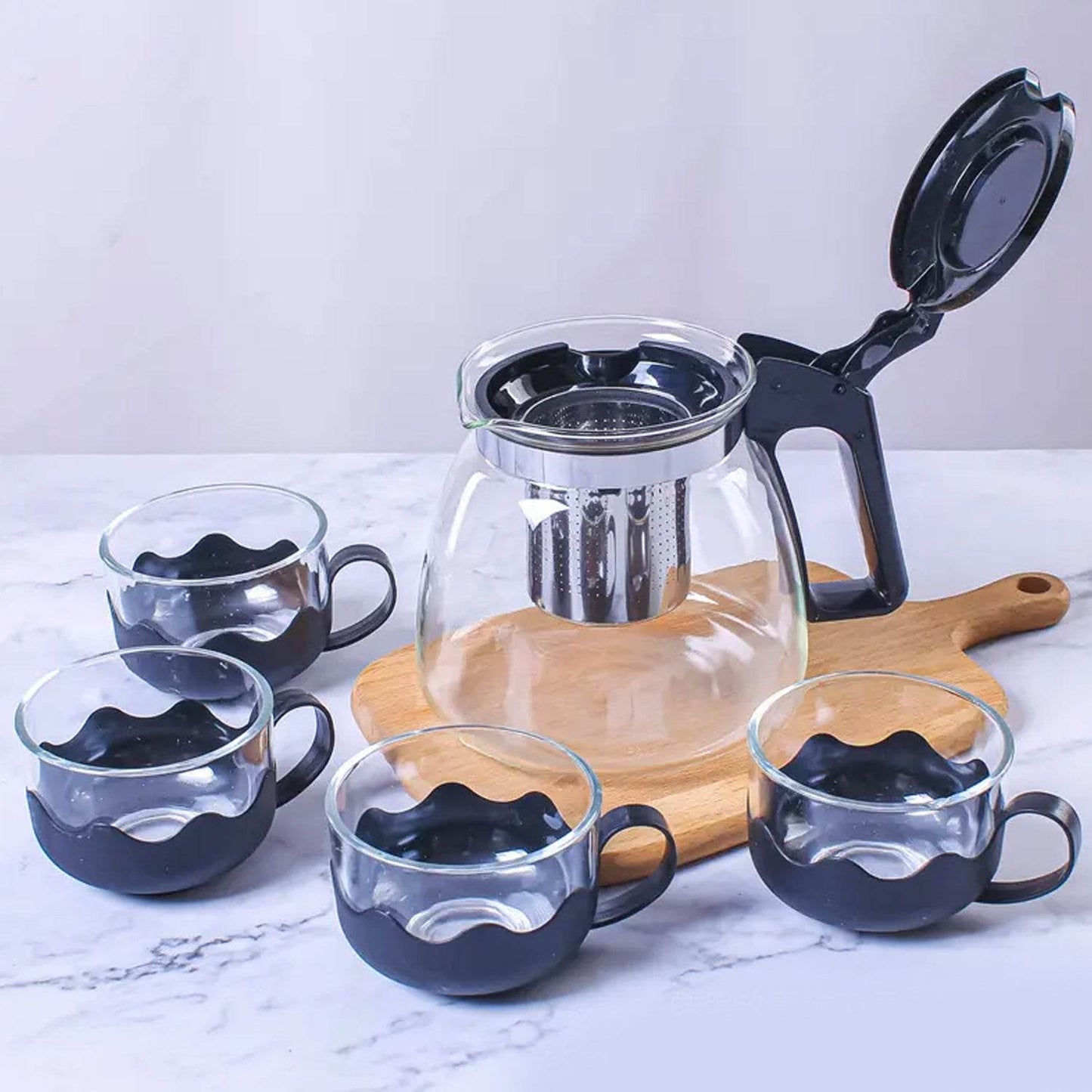 Flame Proof Glass Kettle & Cup Set With Strainer High Quality Kettle Set For Home & Café Use  (4 Cup & 1 Kettle) (24 Pc MOQ) - infinityexculsivestore.com