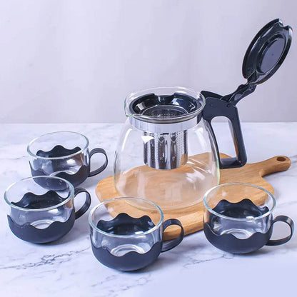 Flame Proof Glass Kettle & Cup Set With Strainer High Quality Kettle Set For Home & Café Use  (4 Cup & 1 Kettle) (24 Pc MOQ) - infinityexculsivestore.com