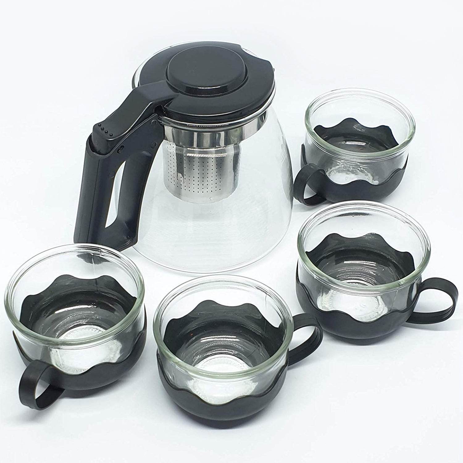 Flame Proof Glass Kettle & Cup Set With Strainer High Quality Kettle Set For Home & Café Use  (4 Cup & 1 Kettle) (24 Pc MOQ) - infinityexculsivestore.com