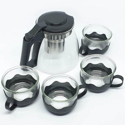 Flame Proof Glass Kettle & Cup Set With Strainer High Quality Kettle Set For Home & Café Use  (4 Cup & 1 Kettle) (24 Pc MOQ) - infinityexculsivestore.com