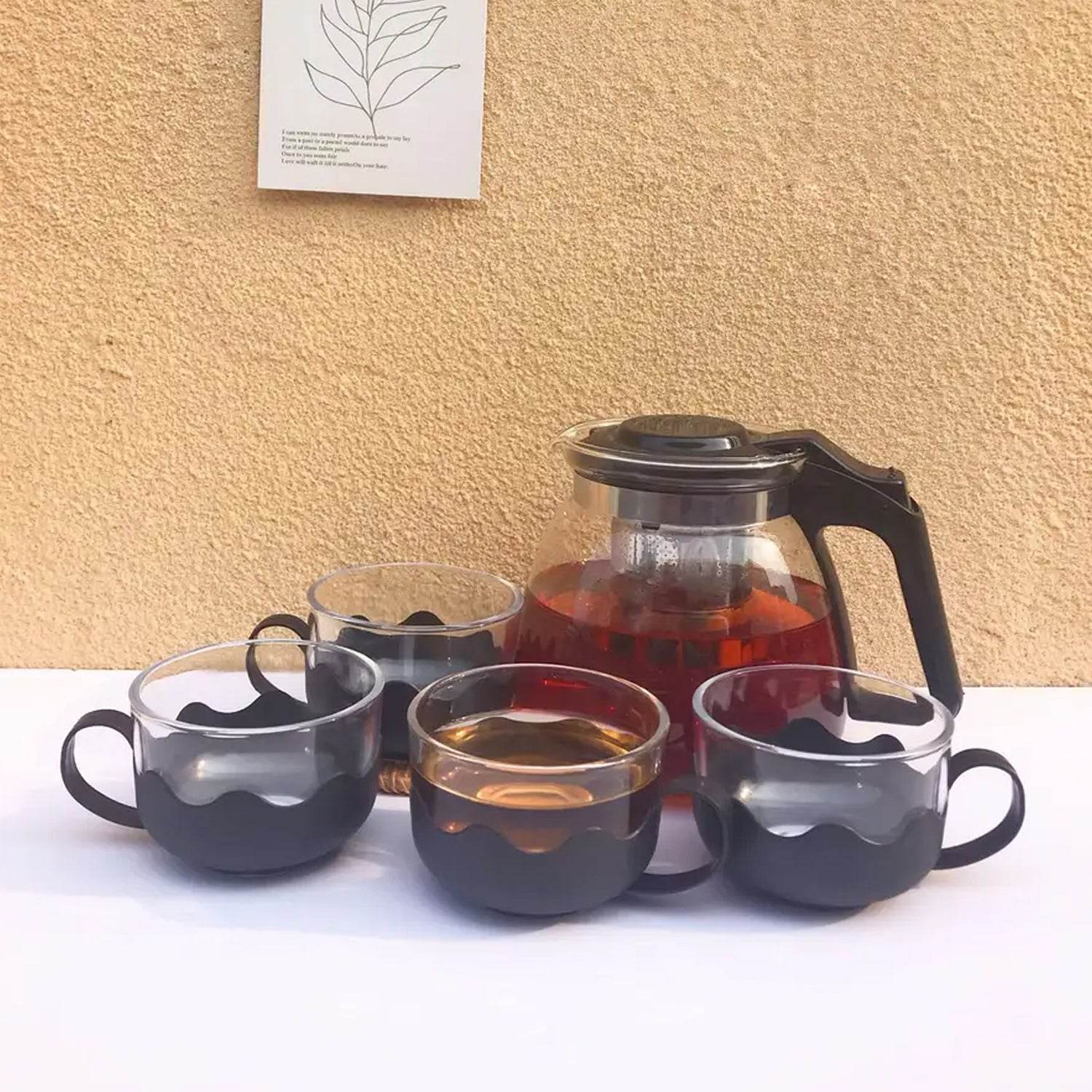 Flame Proof Glass Kettle & Cup Set With Strainer High Quality Kettle Set For Home & Café Use  (4 Cup & 1 Kettle) (24 Pc MOQ) - infinityexculsivestore.com