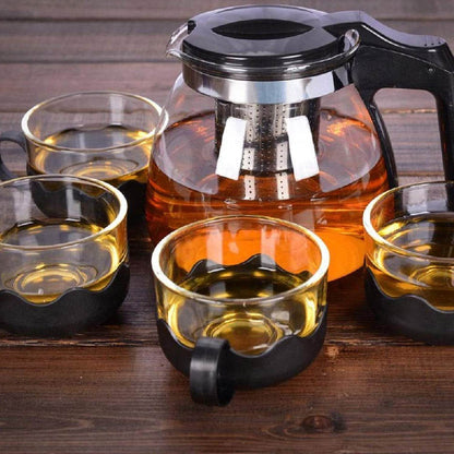 Flame Proof Glass Kettle & Cup Set With Strainer High Quality Kettle Set For Home & Café Use  (4 Cup & 1 Kettle) (24 Pc MOQ) - infinityexculsivestore.com