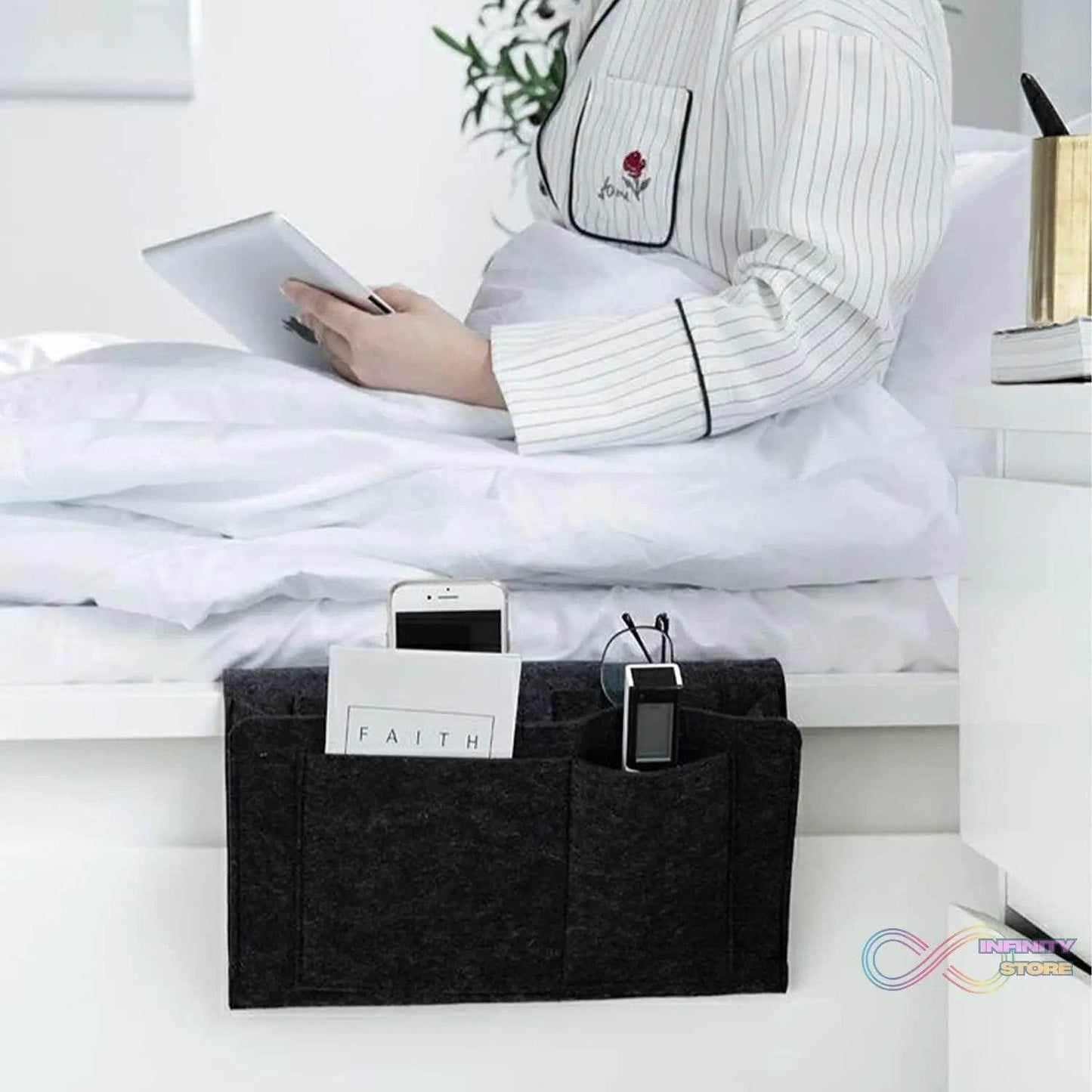 Flat Bedside Caddy, Bed Side Pocket Storage Organizer Bag with 5 Pockets (1 Pc) - infinityexculsivestore.com