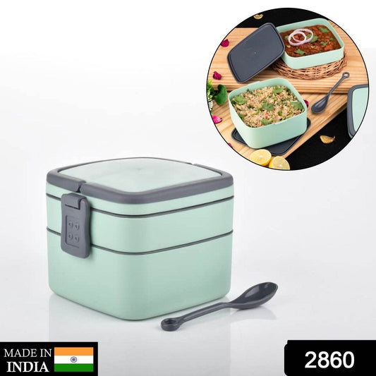 GREEN DOUBLE-LAYER PORTABLE LUNCH BOX STACKABLE WITH CARRYING HANDLE AND SPOON LUNCH BOX , Bento Lunch Box - infinityexculsivestore.com