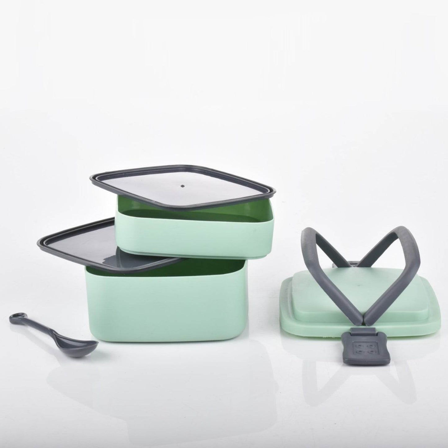 GREEN DOUBLE-LAYER PORTABLE LUNCH BOX STACKABLE WITH CARRYING HANDLE AND SPOON LUNCH BOX , Bento Lunch Box - infinityexculsivestore.com