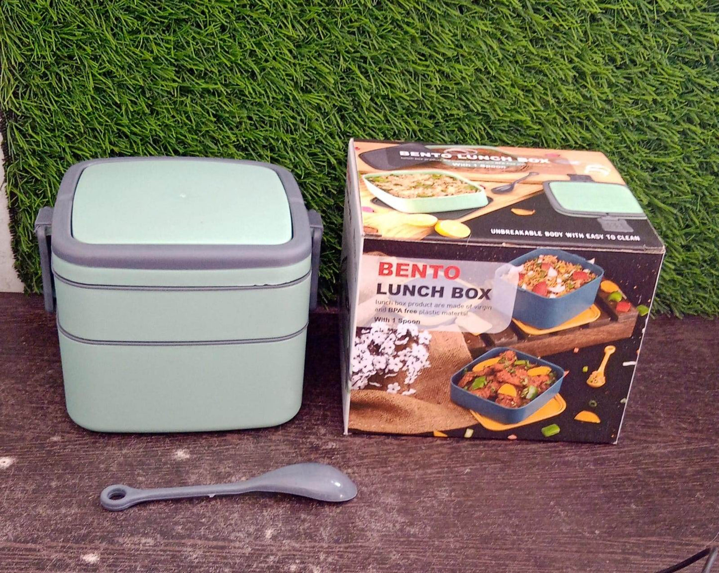 GREEN DOUBLE-LAYER PORTABLE LUNCH BOX STACKABLE WITH CARRYING HANDLE AND SPOON LUNCH BOX , Bento Lunch Box - infinityexculsivestore.com