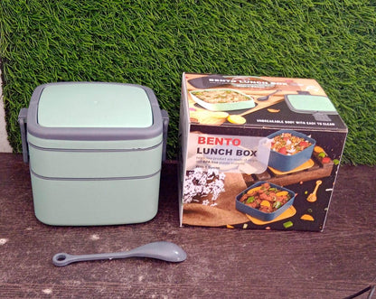 GREEN DOUBLE-LAYER PORTABLE LUNCH BOX STACKABLE WITH CARRYING HANDLE AND SPOON LUNCH BOX , Bento Lunch Box - infinityexculsivestore.com