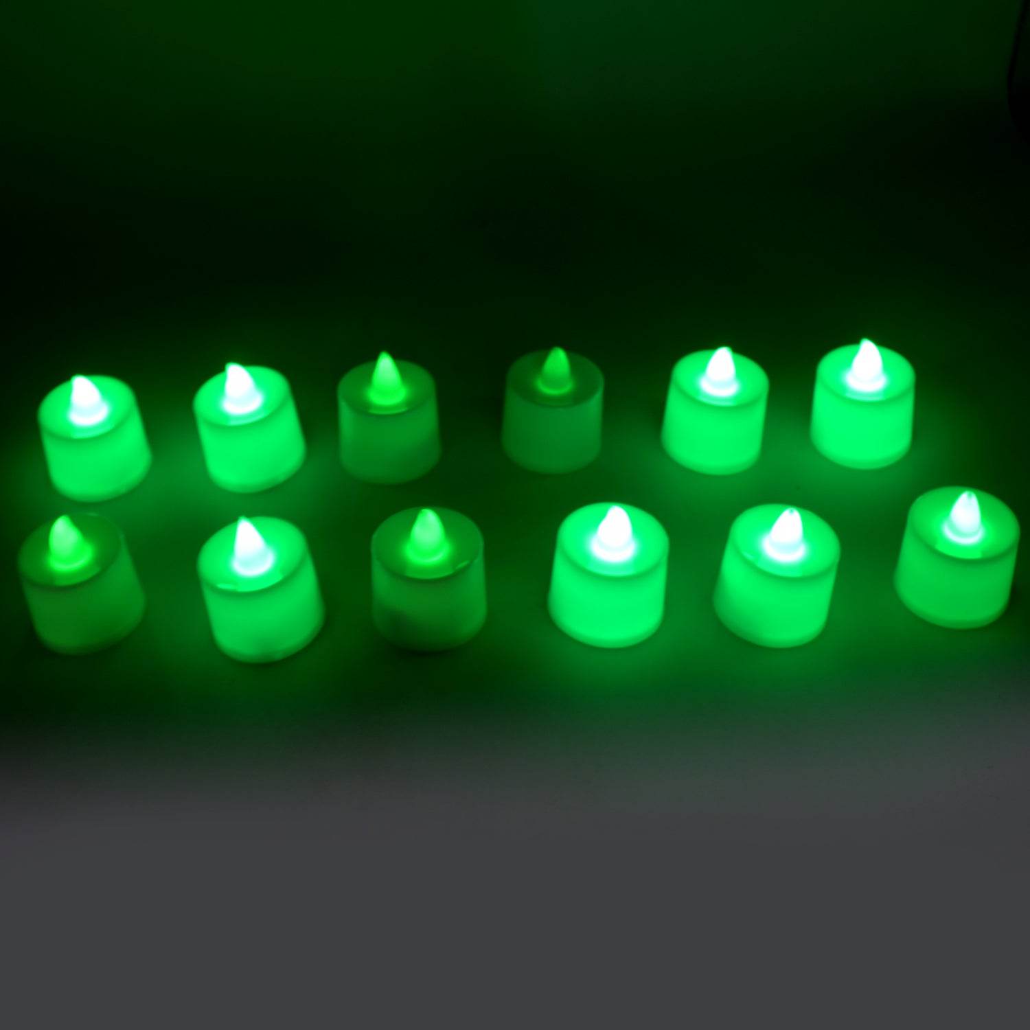 GREEN FLAMELESS LED TEALIGHTS, SMOKELESS PLASTIC DECORATIVE CANDLES - LED TEA LIGHT CANDLE FOR HOME DECORATION (PACK OF 12) - infinityexculsivestore.com
