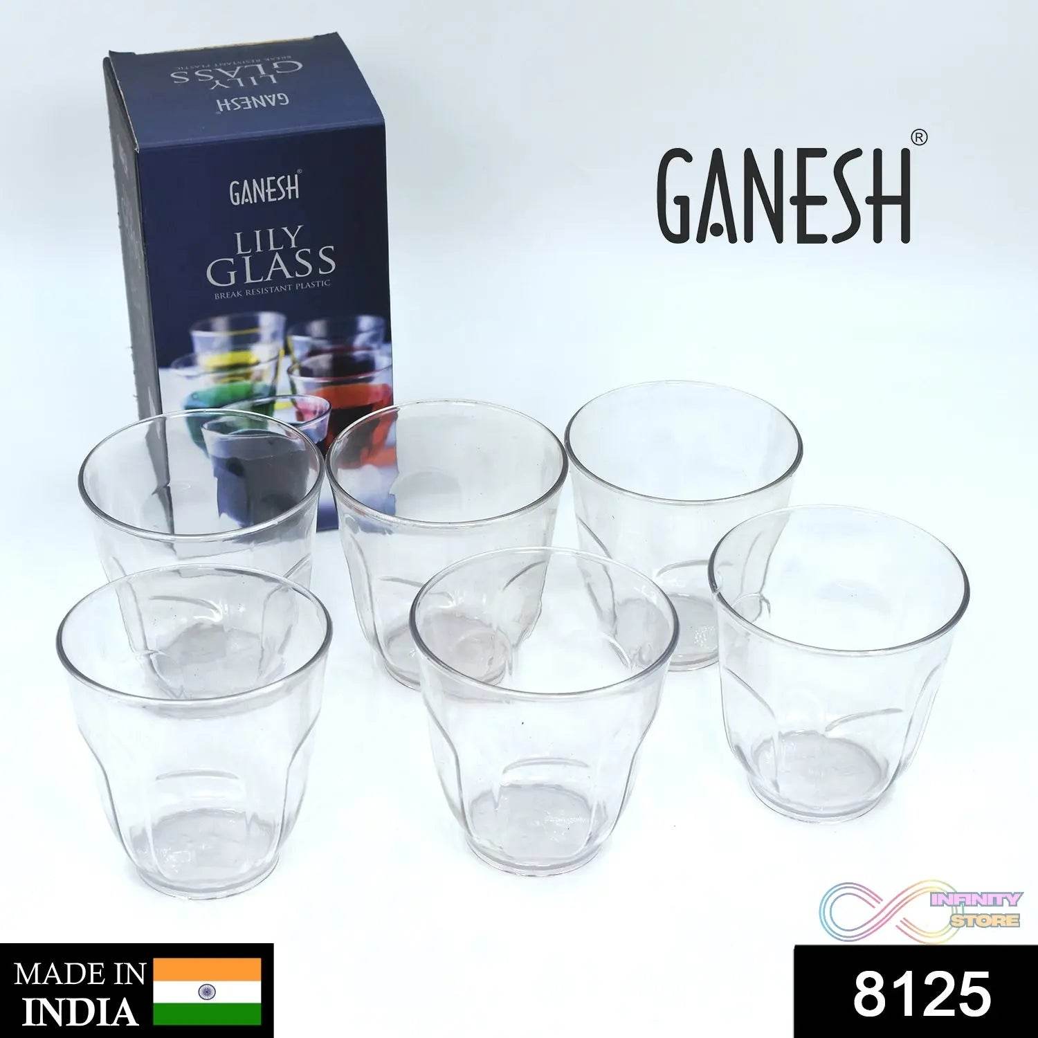 Ganesh Lily glass Break Resistant plastic set of 6Pcs (300 Ml) - infinityexculsivestore.com