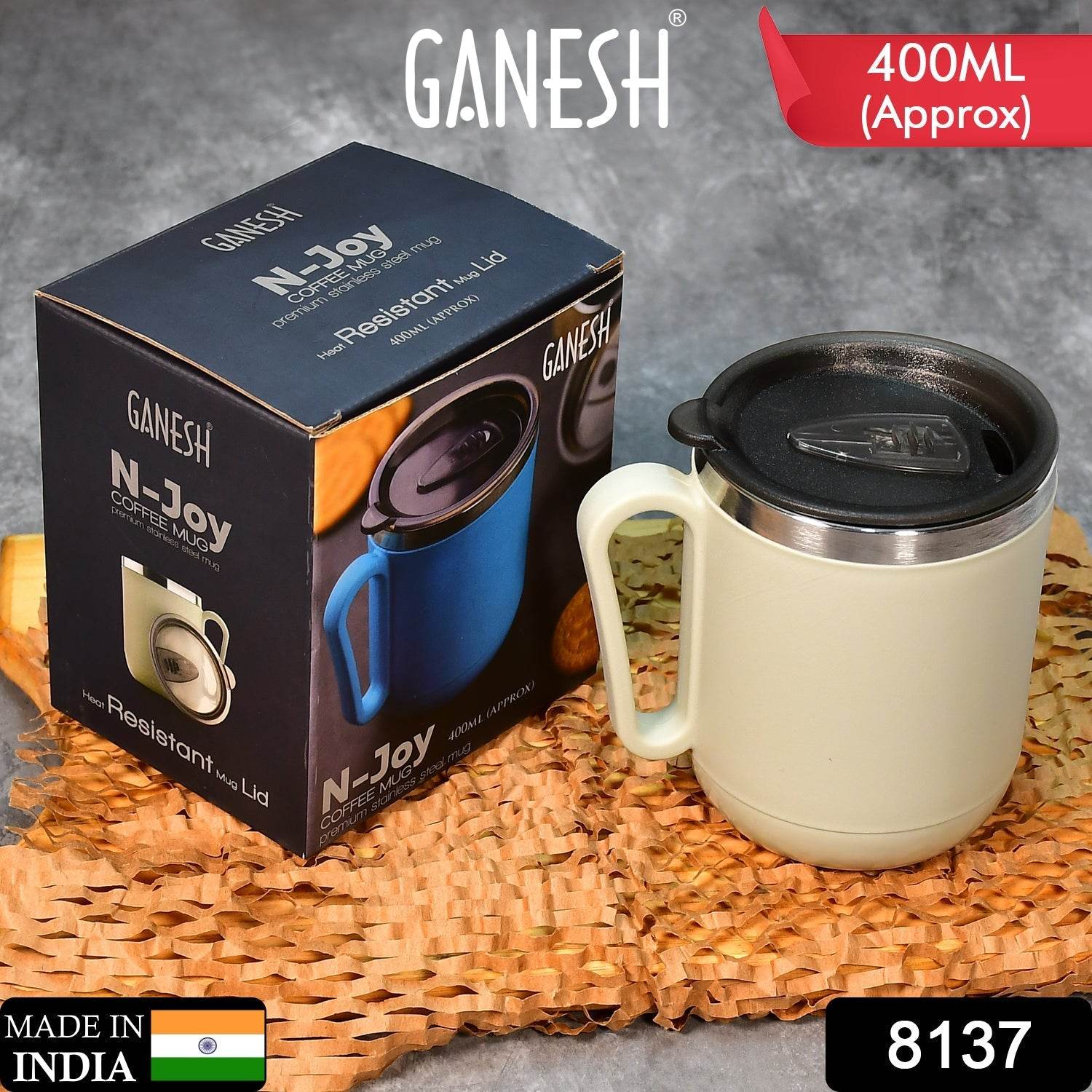 Ganesh Premium Stainless Steel Coffee Mug with heat resistant mug lid. Approx 400Ml mug. - infinityexculsivestore.com