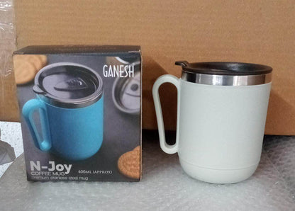 Ganesh Premium Stainless Steel Coffee Mug with heat resistant mug lid. Approx 400Ml mug. - infinityexculsivestore.com