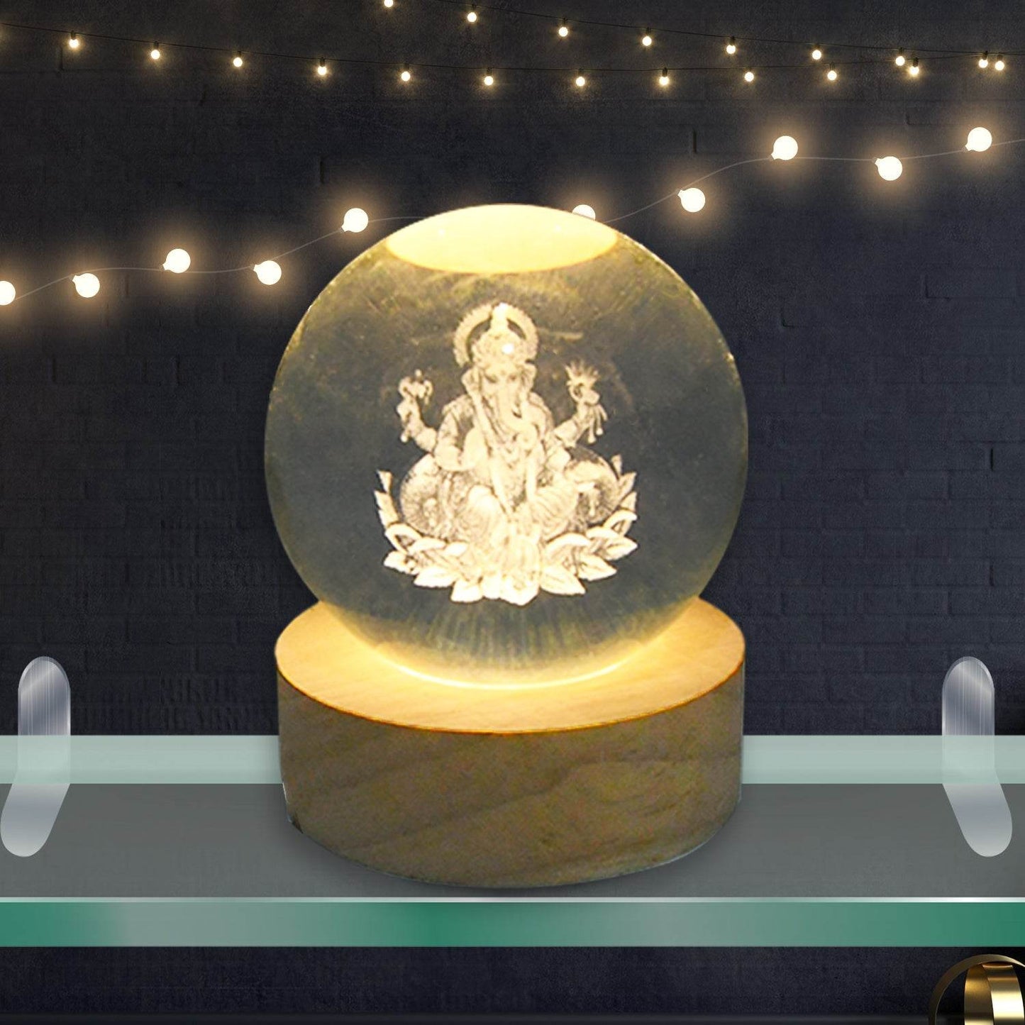 Ganpati 3D Crystal Ball lamps With Wood Base - infinityexculsivestore.com