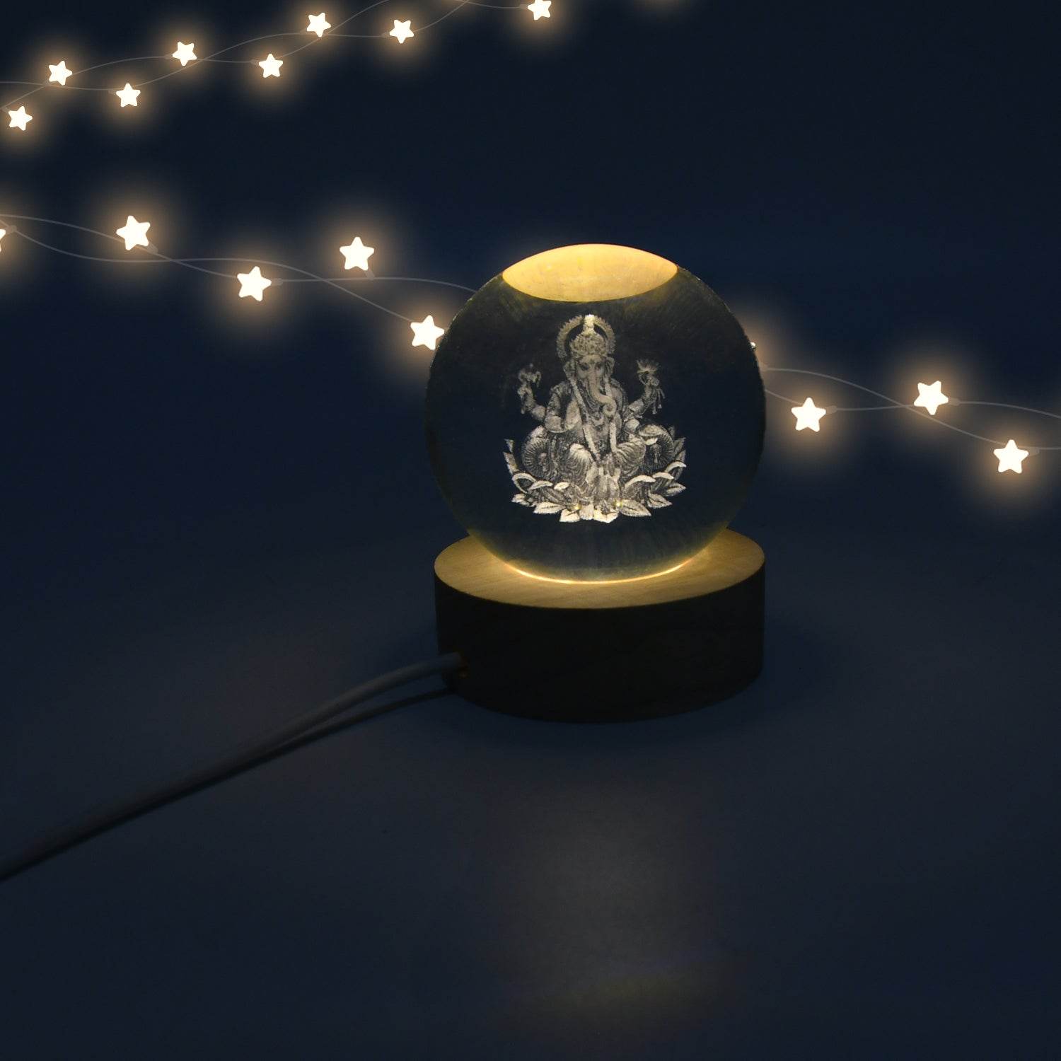 Ganpati 3D Crystal Ball lamps With Wood Base - infinityexculsivestore.com