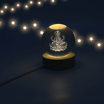 Ganpati 3D Crystal Ball lamps With Wood Base - infinityexculsivestore.com