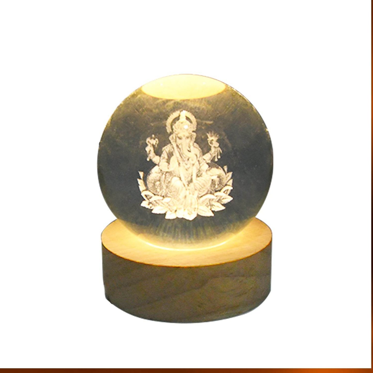 Ganpati 3D Crystal Ball lamps With Wood Base - infinityexculsivestore.com