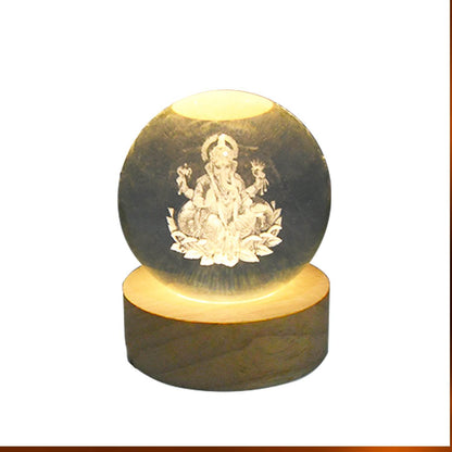 Ganpati 3D Crystal Ball lamps With Wood Base - infinityexculsivestore.com