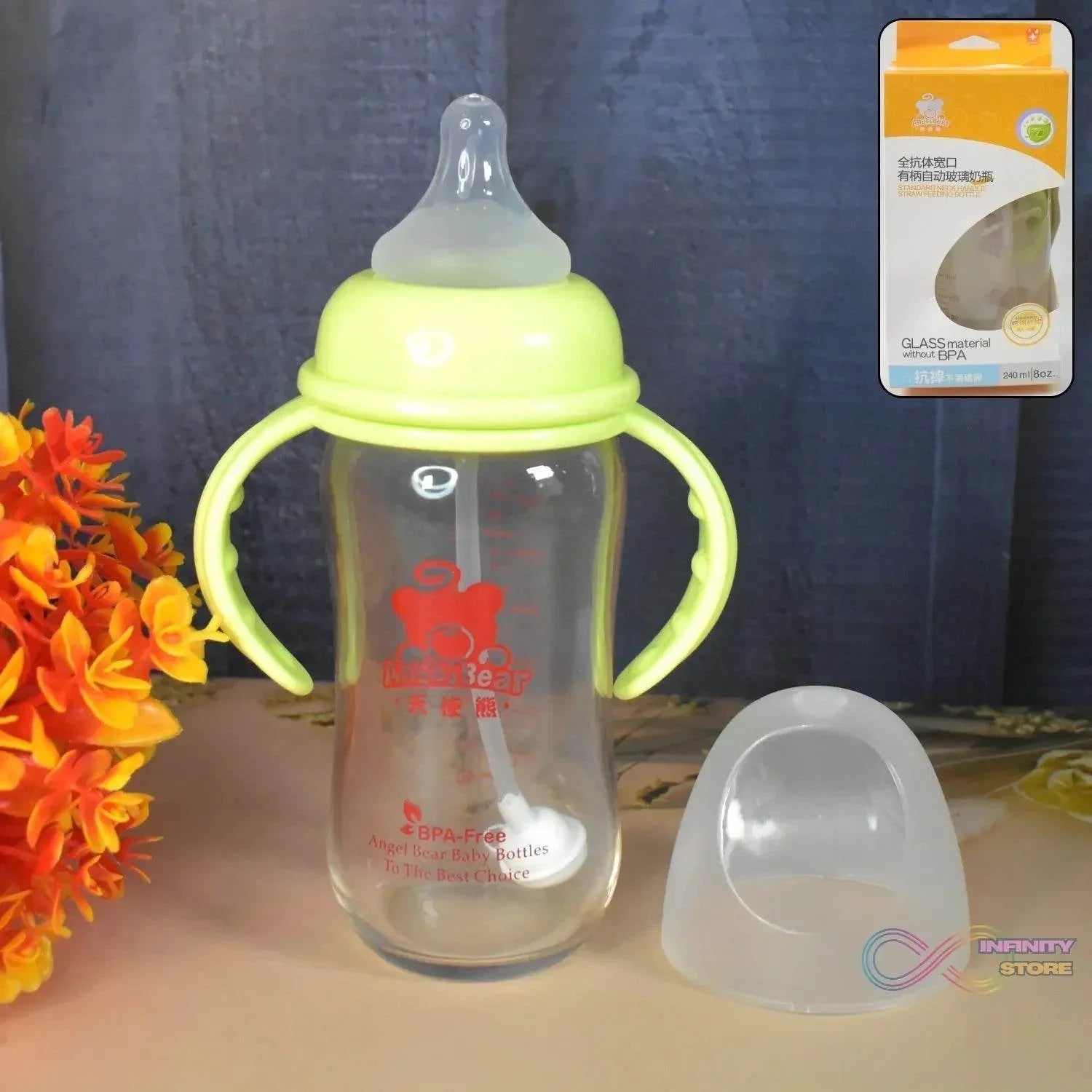 Glass Baby Feeding Bottle with Handles & Straw (240 ML / 1 Pc) - infinityexculsivestore.com